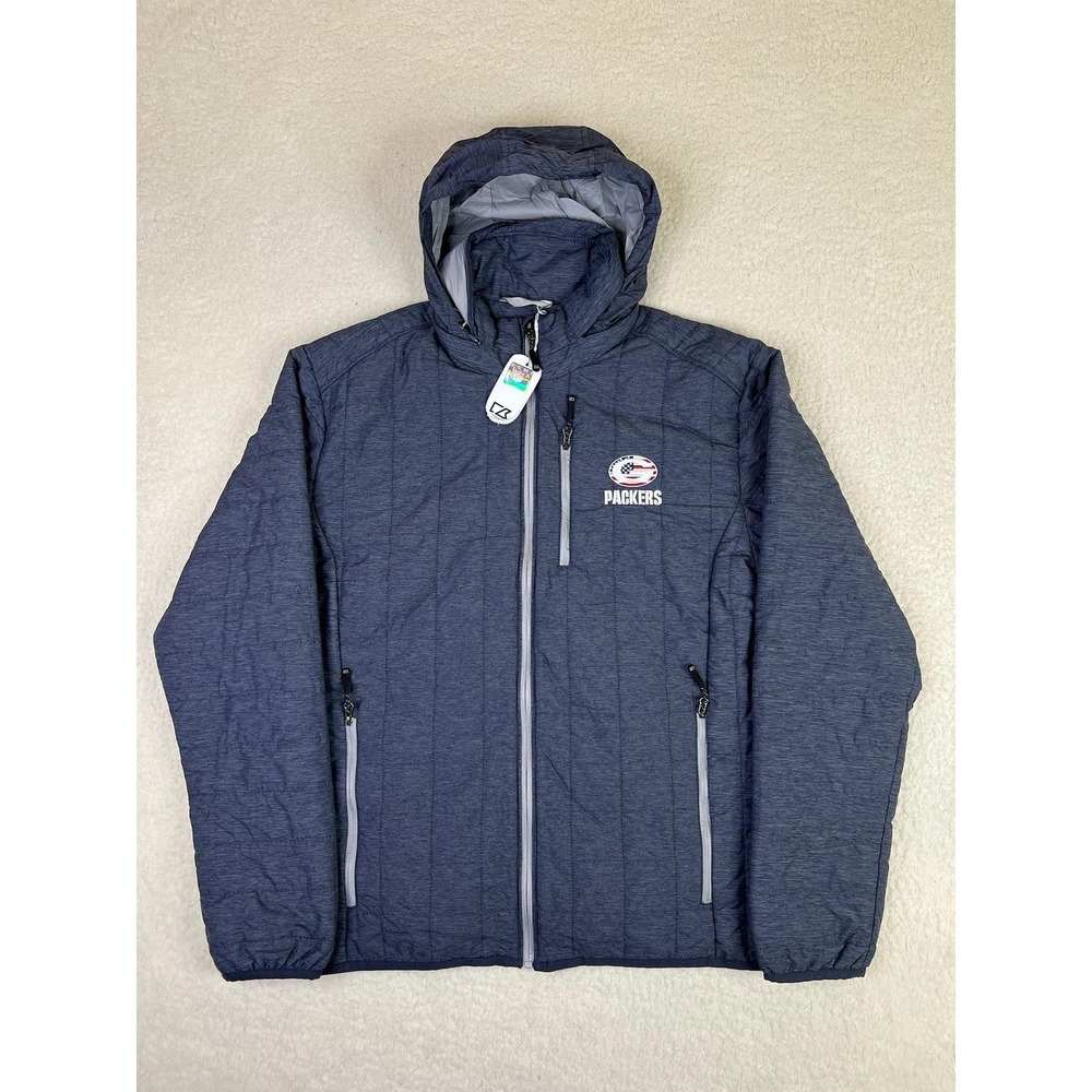 Green Bay Packers Jacket Mens Medium Blue NFL‎ Football Cutter & Buck Hooded